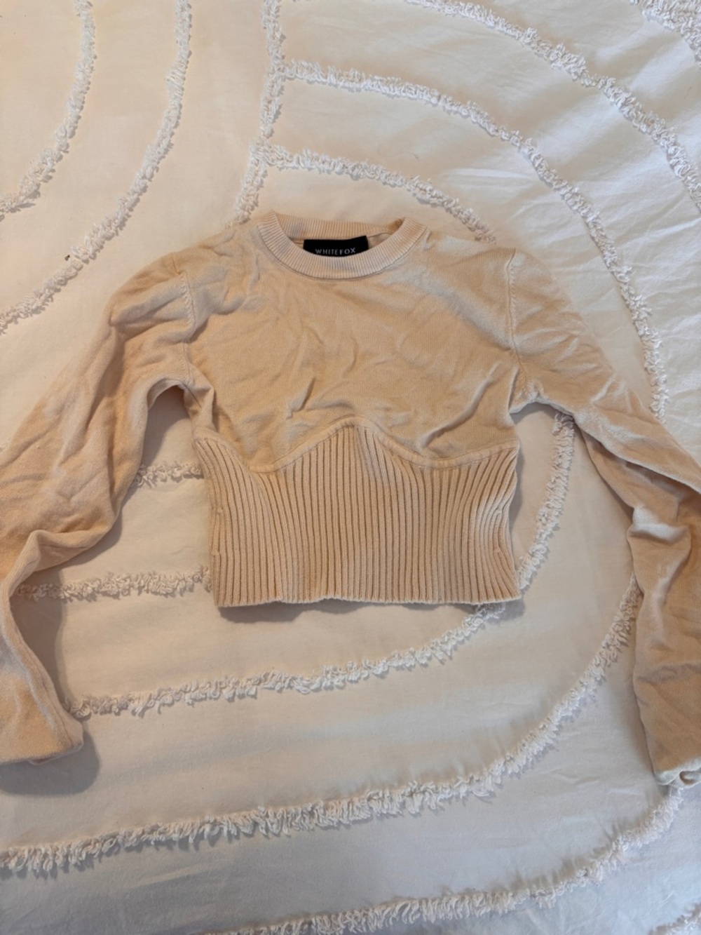 White Fox Boutique Beige Ribbed Waist Crop Crew Sweater